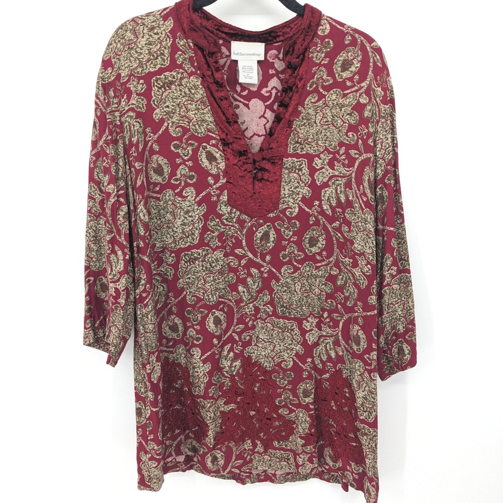 Soft Surroundings Tunic Top M Red Floral Velvet Trim 3/4 Sleeve‎ Mature Blouse